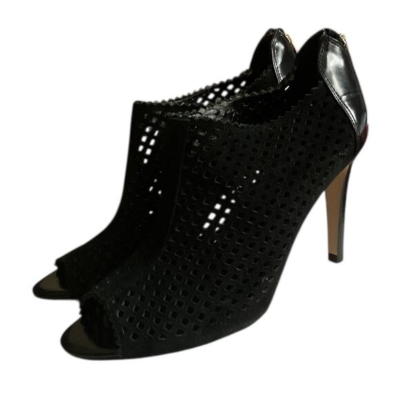 Marc Fisher Peddle Peep Toe Leather Suede Heels Laser Cut Bootie Black SZ 9.5 M - Picture 3 of 16